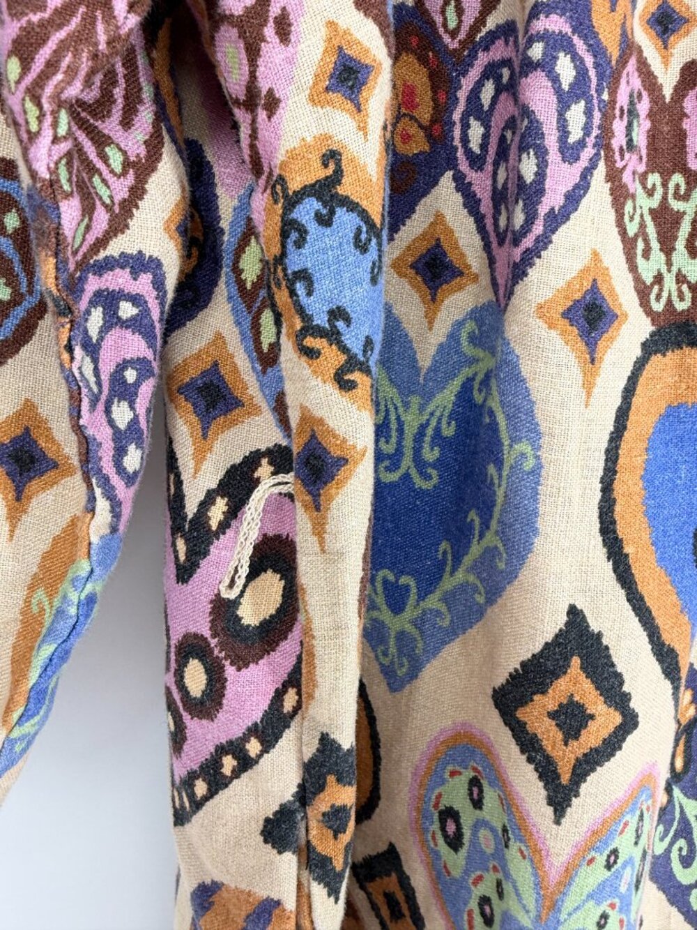 FARM Rio Ikat Heart 100% Linen Puff Sleeve Mini Dress Size L - Picture 6 of 9
